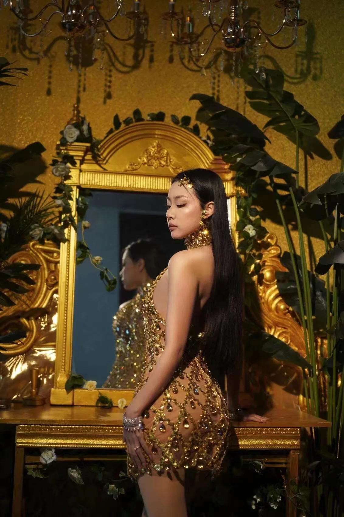 New Brown Skinny Sexy Sparkly Rhinestones Shorts Evening Dress Party Birthday Bar Club Costume Stage Wear Dresses For Women