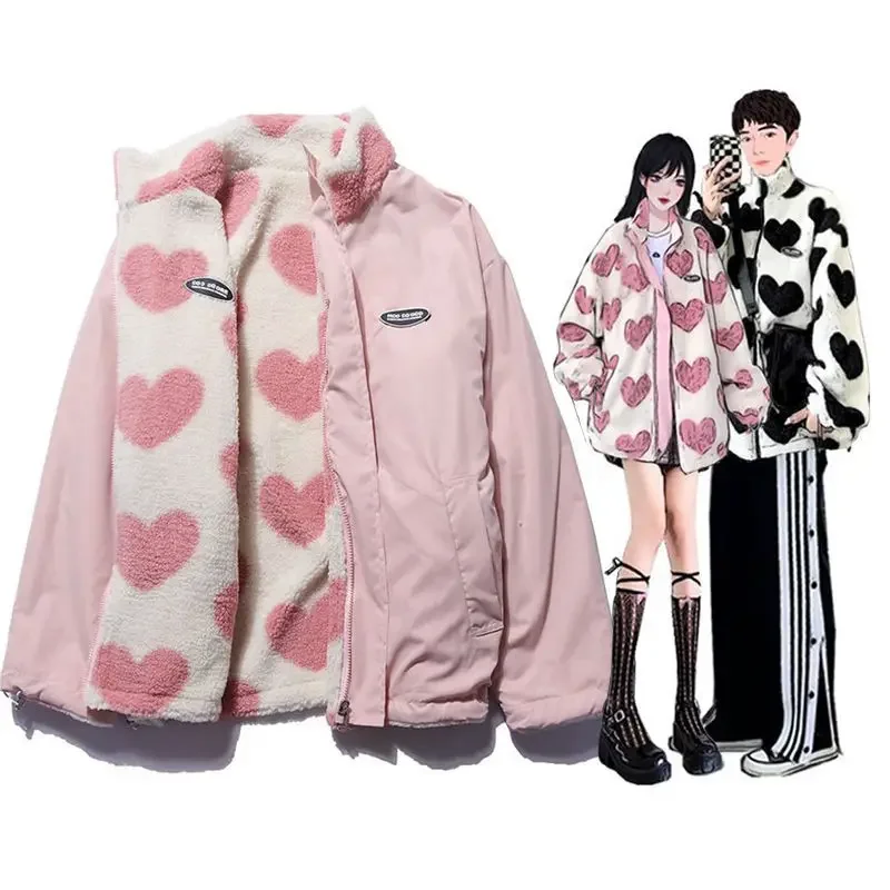 Double-Sided Wear Heart Thickened Lamb Cotton Jacket Couple Outfit Winter Trendy Loose INS Cotton Co