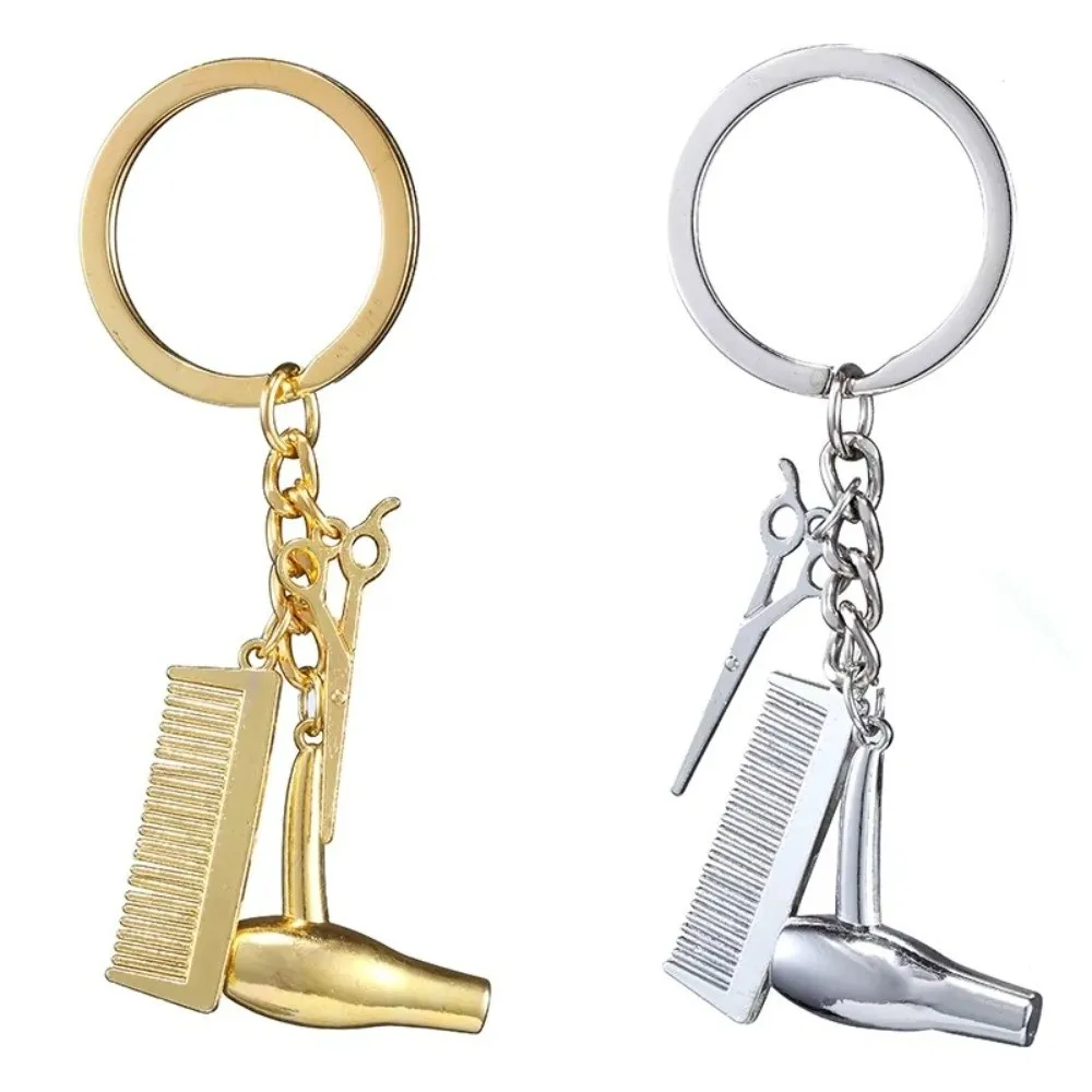 Gift Mini Comb Barber Keychain Hair Dryer Hanging Ornament Keyring Metal Key Pendant For Men Women