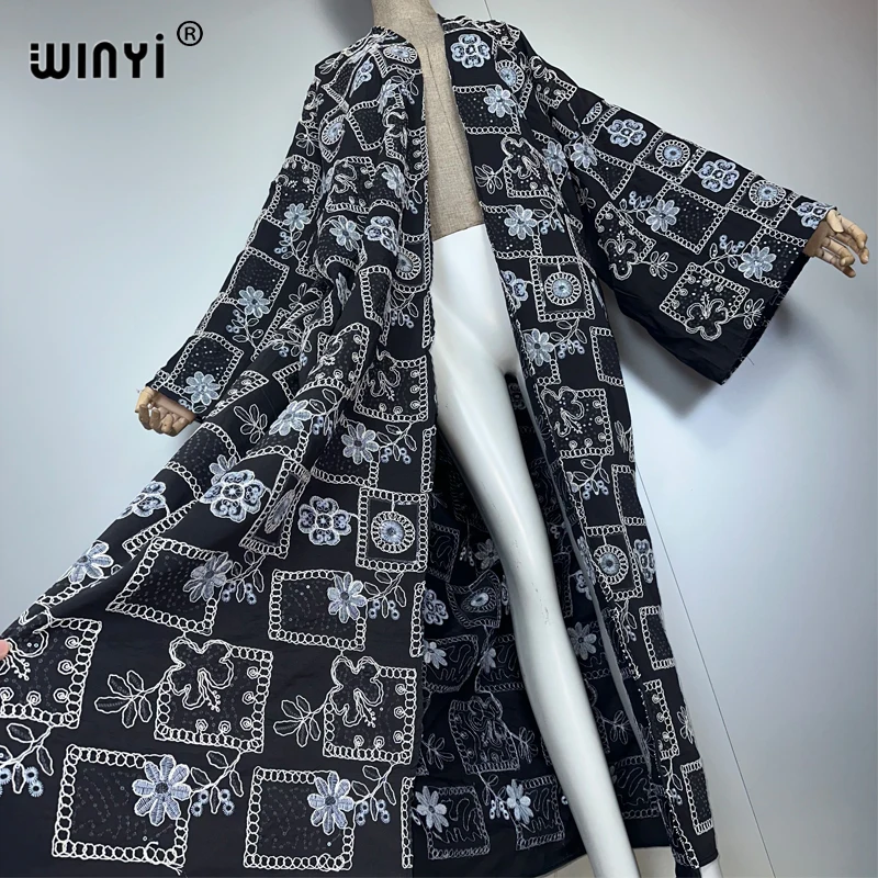 WINYI bestickte, paillettenbesetzte Denim-Strickjacke, langer Daunenmantel, lockeres Kleid, elegantes Party-Maxi-Feiertags-Schwimmen-Cover-Up, modischer Kimono