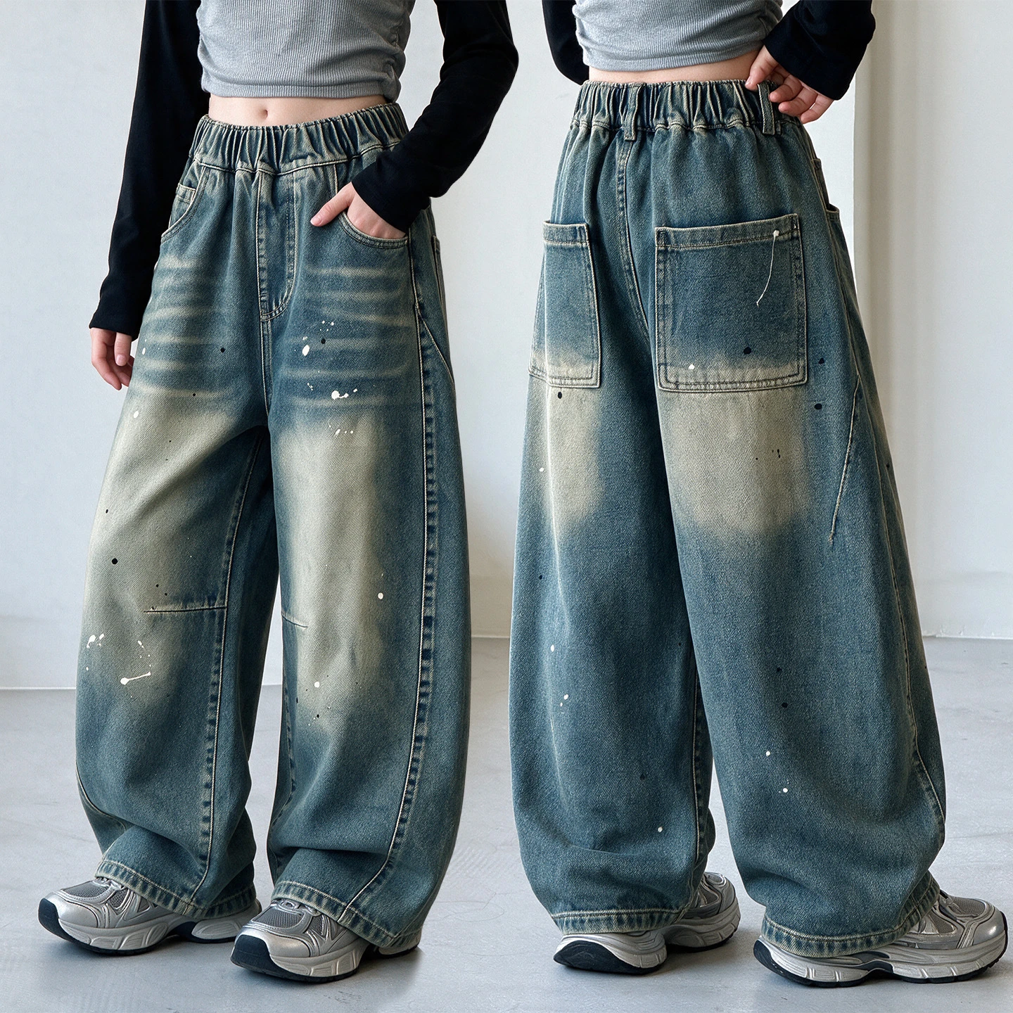 High Street Ink Splash Dirty Dye Distressed Design Scimitar Jeans for Girl American Style Straight Loose Casual Long Denim Pants