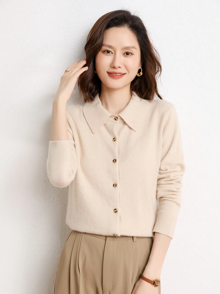 High-end Women POLO Neck Cashmere Cardigan Spring Autumn 100% Cashmere Knitwear Soft Comfort Long Sleeve Female Sweater Shirt