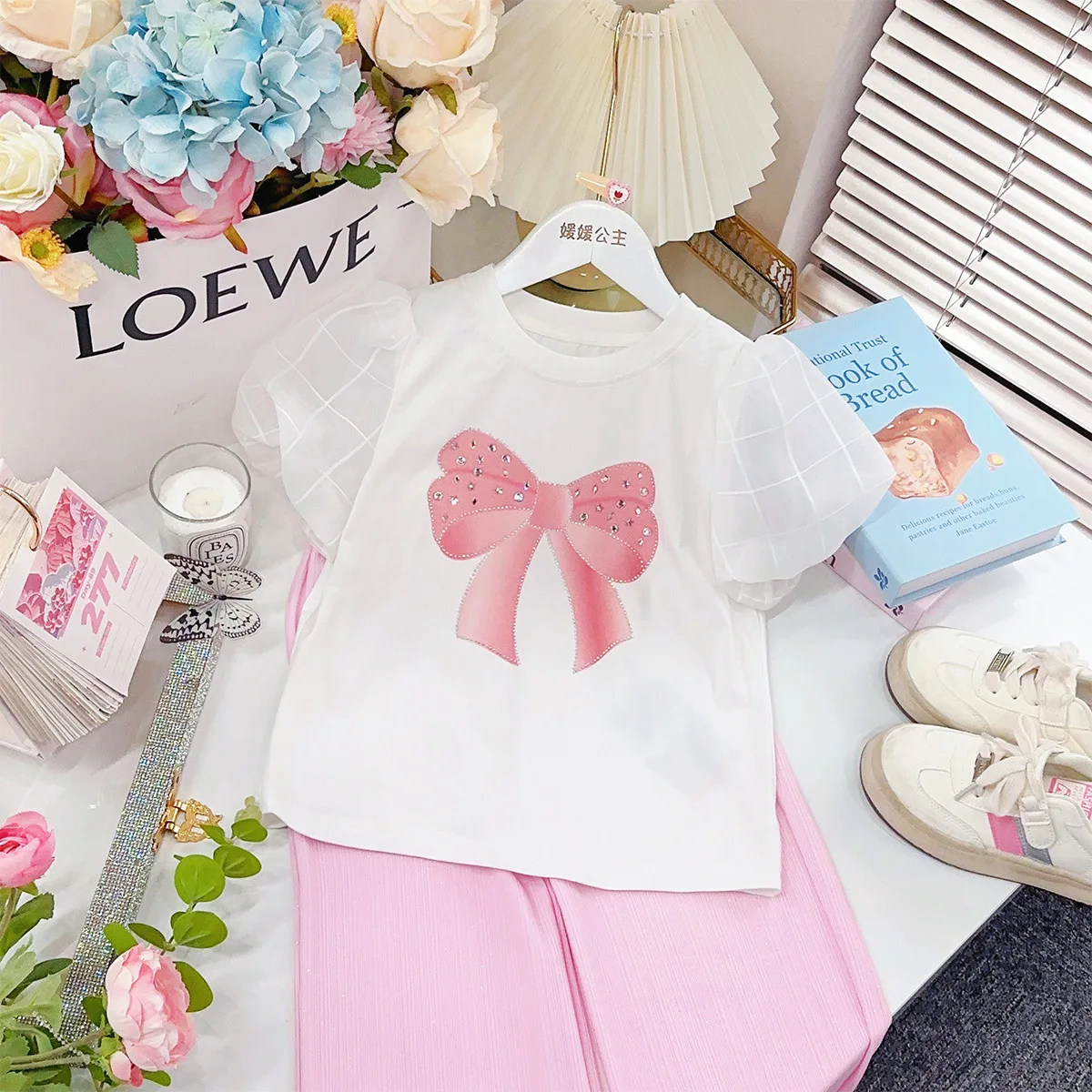 

2024 Summer Teenager Girl Casual T-shirt Children Girl Bowknot Bright Diamond Short Sleeve Tops School Girl Gauze Sleeve Tees