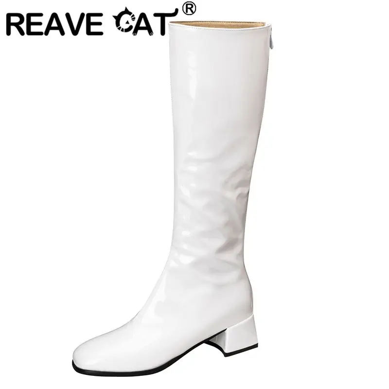 

REAVE CAT Роскошные пикантные женские сапоги до колена с квадратным носком на блочном каблуке 4,5 см, блестящие повседневные ботильоны на молнии для отдыха, большой размер 44 45 46