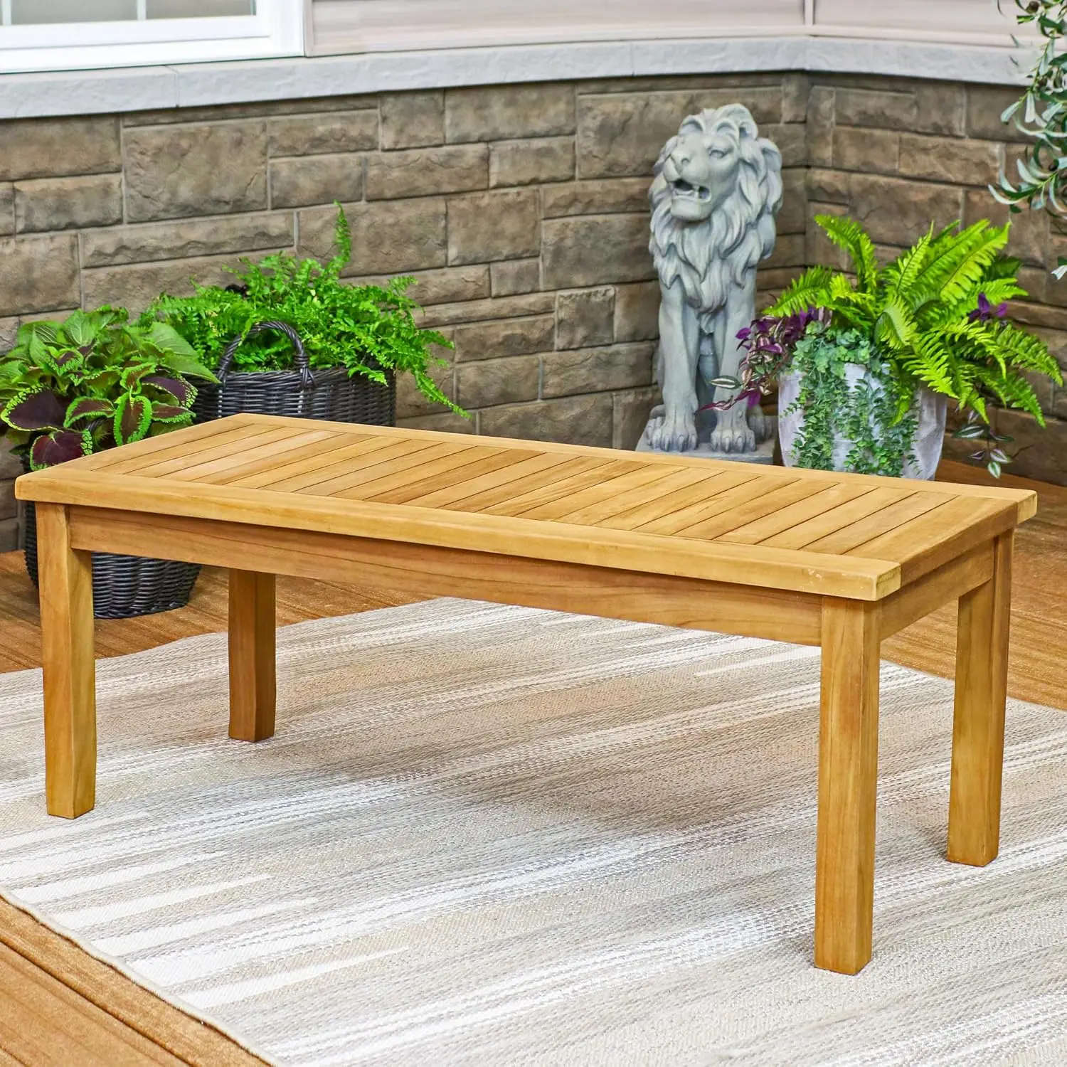 Solid Teak Wood Rectangular Outdoor Patio Coffee Table 45 W Light Brown Wood Stain Finish Slatted Seats Four Sturdy Exterior