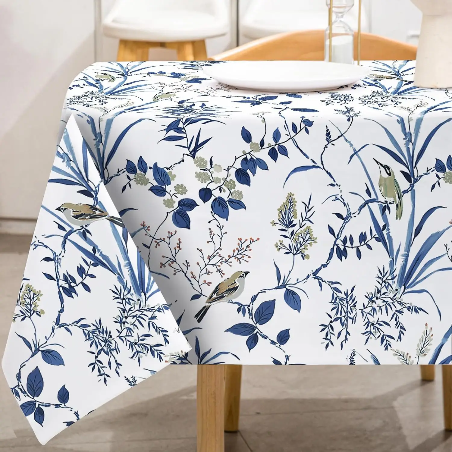 Retro Blue Bird Flowers Waterproof Tablecloth Holiday Party Decor Navy Blue Floral Leaf Rectangle Table Cloth Dining Table Decor