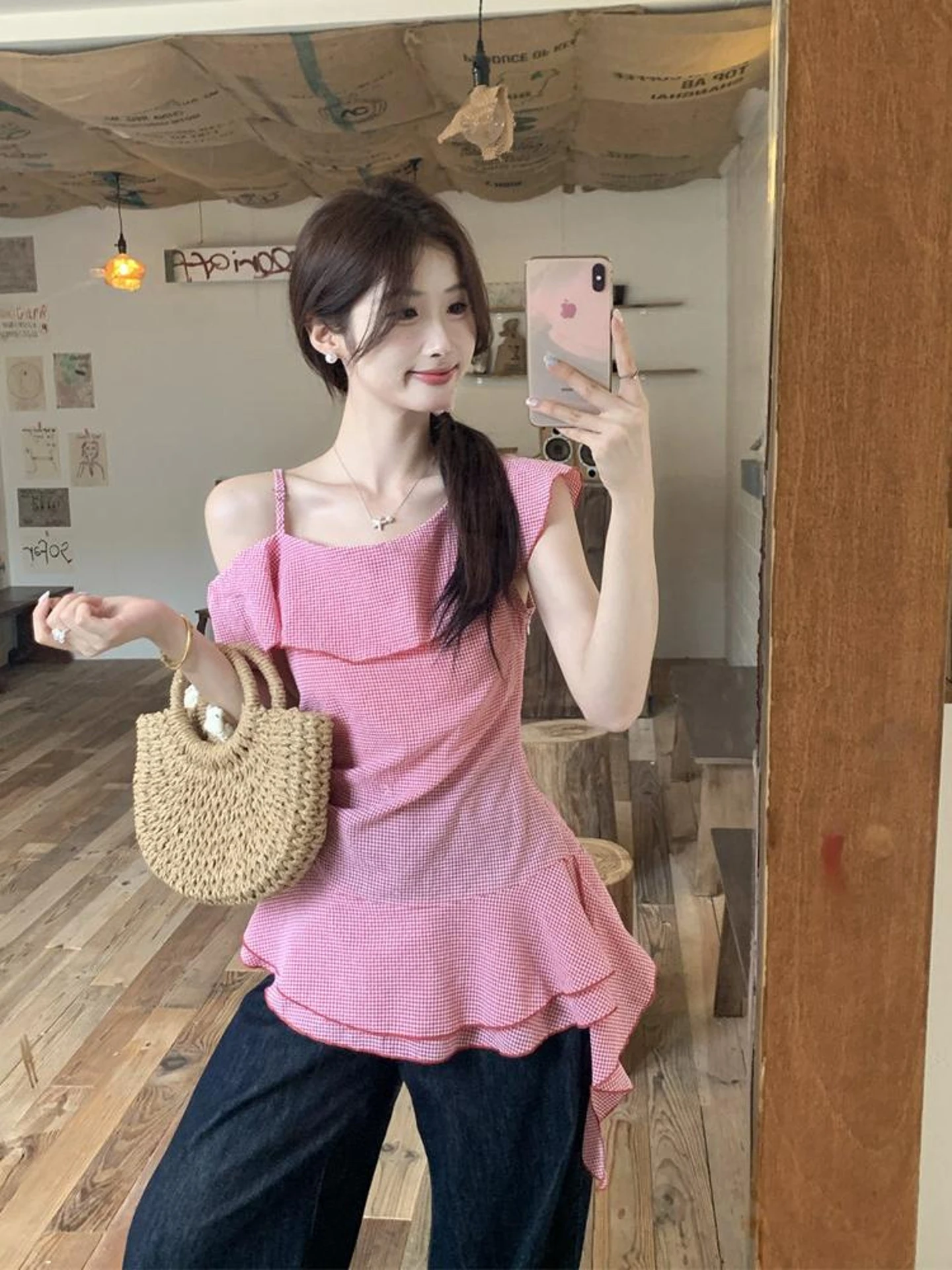 

Sweet Style Slim Fit Shoulder Bared Shirt Women's Fashion Summer 2026 Tunic Top with Ruffle Design And Plaid Pattern