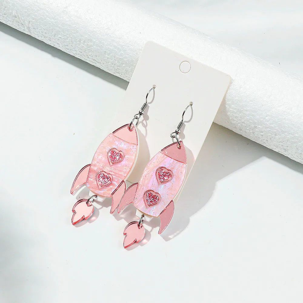 Glitter Pink Acrylic Love Rocket Long Earrings for Women Mirror Heart Alien Spacecraft Drop Earring Jewelry Valentine's Day Gift