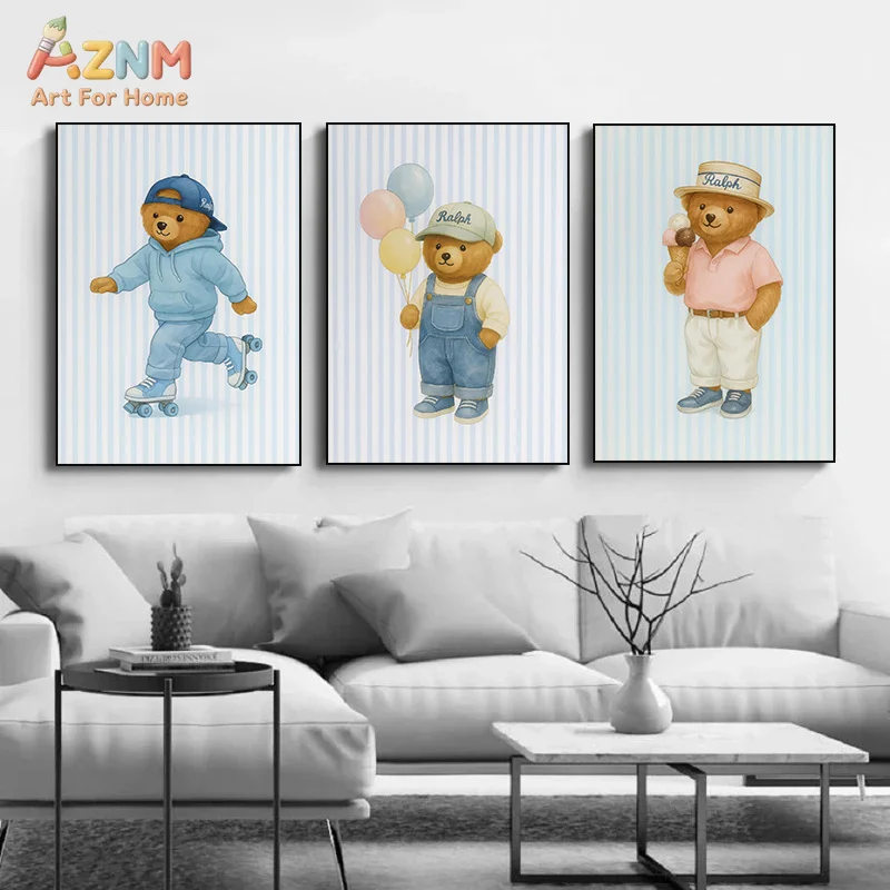 AZNM Cute Vintage Dressed Teddy Bear Canvas Wall Art Blue Striped Cartoon Bear Guitar Chef Skater Balloon Design Unframed Canvas