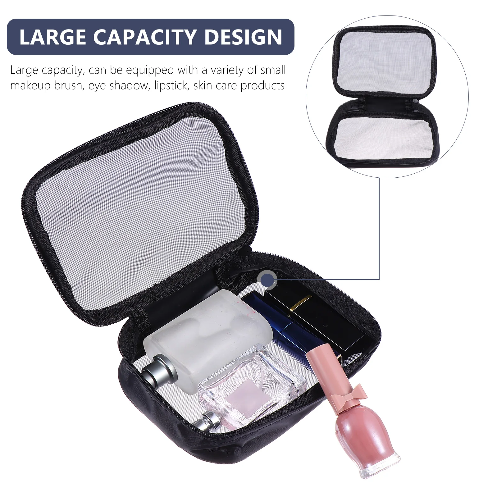 

2Pcs Makeup Mesh Pouch Clear Storage Travel Toiletries Organizer Toiletry Bags Portable Black Organizer For Brush