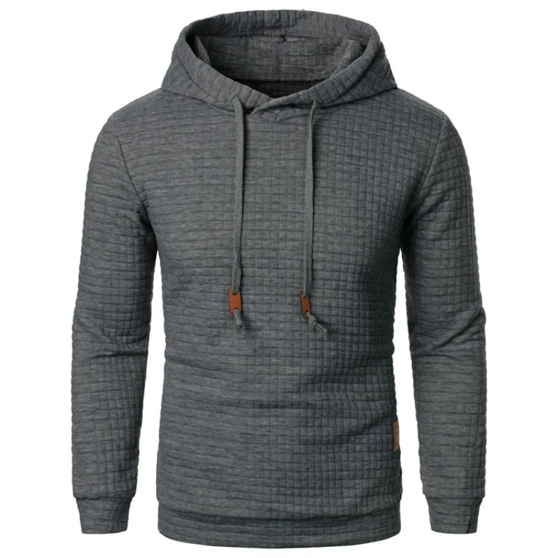 Men Waffle Grid Texture Hoodie Solid Color Drawstring Long Sleeve Casual Pullover Sweatshirt