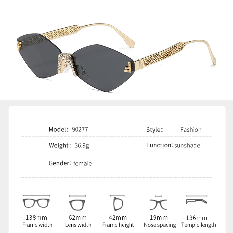 نظارات شمسية عصرية جديدة بدون إطار بحافة مقطوعة سداسية نظارات شمسية عالية الجودة على شكل ألماس معدني على شكل حرف F 90277