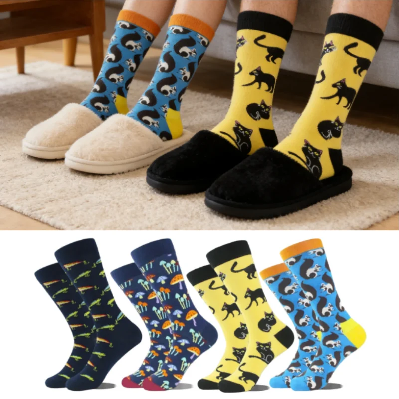 

1 Pair Men‘s Animal Socks Cotton Mid-Calf Funny Cartoon Print Outdoor Home Casual Novelty Socks EU 36-45 US 6-12