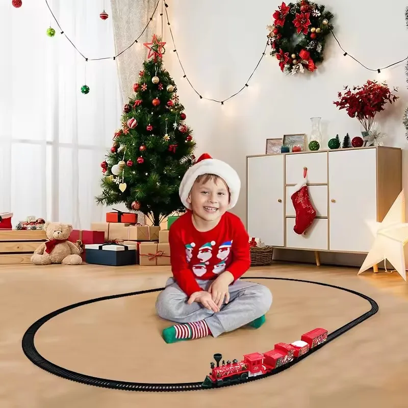 Classico set di treni natalizi con set di binari ferroviari sonori, modelli di giocattoli di treni a batteria, binari ferroviari natalizi