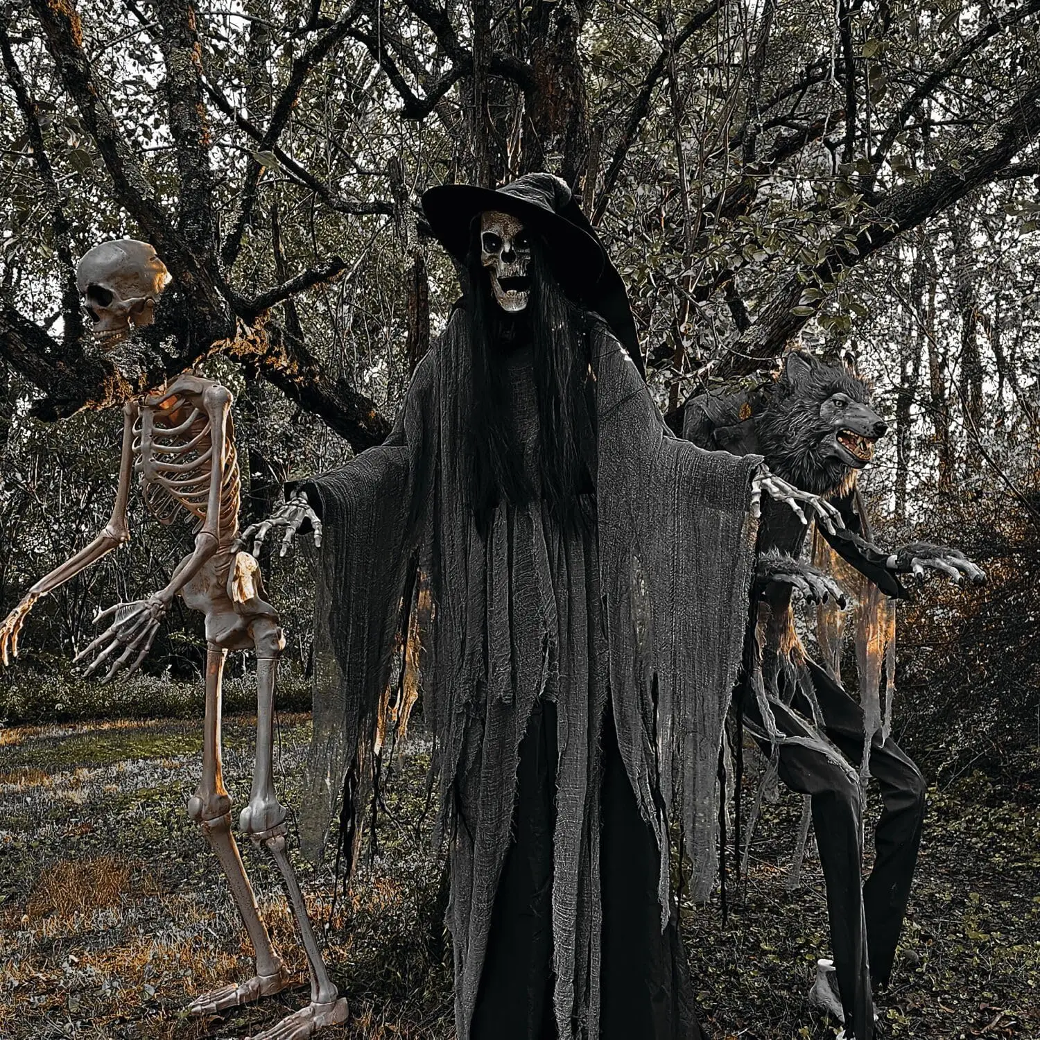 

7.5-Ft. Tall Macabre Skeleton Witch, Motion-Activated Talking Halloween Animatronic for Indoor or Covered