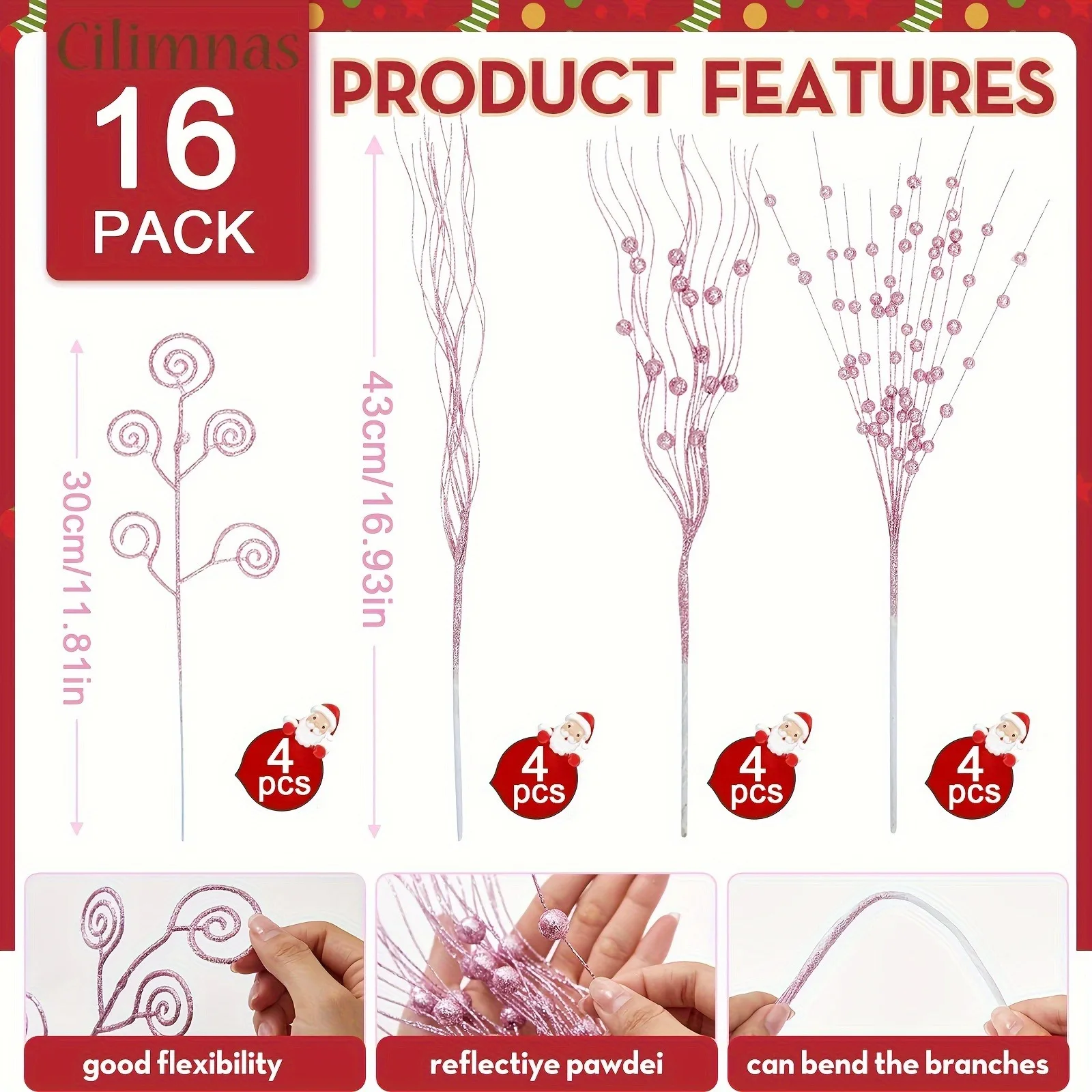 8/16 Stück glitzernde künstliche Blumen, Beerenstrauß, Weihnachtsbaumschmuck für Zuhause, Raumdekoration, Neujahr 2026, DIY-Geschenkzubehör – Detail 12