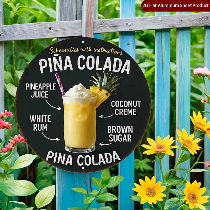 Letrero Metálico Redondo Vintage con Receta de Cóctel Piña Colada, Arte Impreso Plano, Decoración Rústica Desgastada para Bar, Cocina y Pub