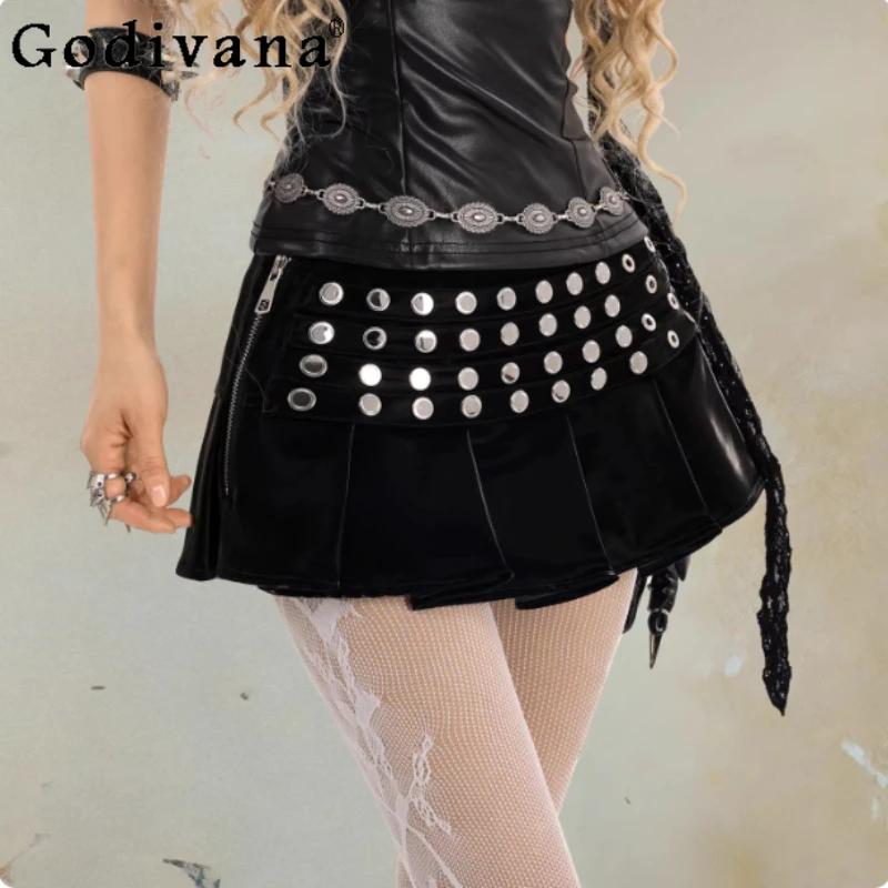 

European American Fashion Cool Punk Women Black Rivet Pleated Short Skirt Sexy Versatile A-line High Waist Street Leather Skirts