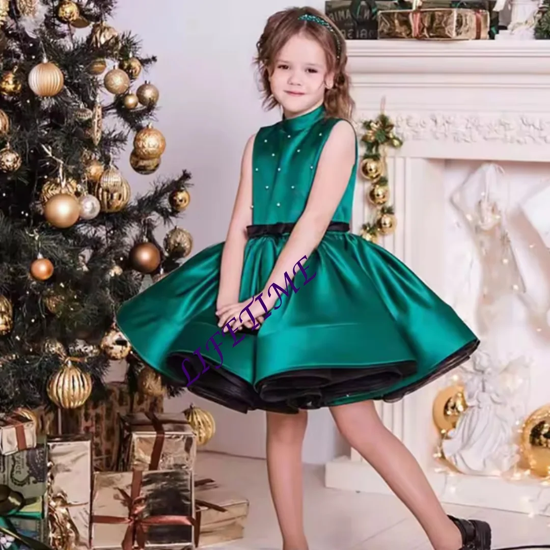 تخصيص رشيقة الرسن أكمام الساتان زهرة فتاة فستان الزفاف حفلة عيد ميلاد عطلة الاحتفال ثوب الكرة القصيرة