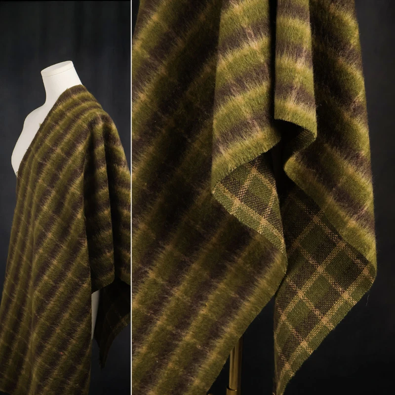 Thick and Fluffy Autumn and Winter Military Green Pink Brown Long Haired Plaid Wool Blend Fabric Coat Designer Fabric