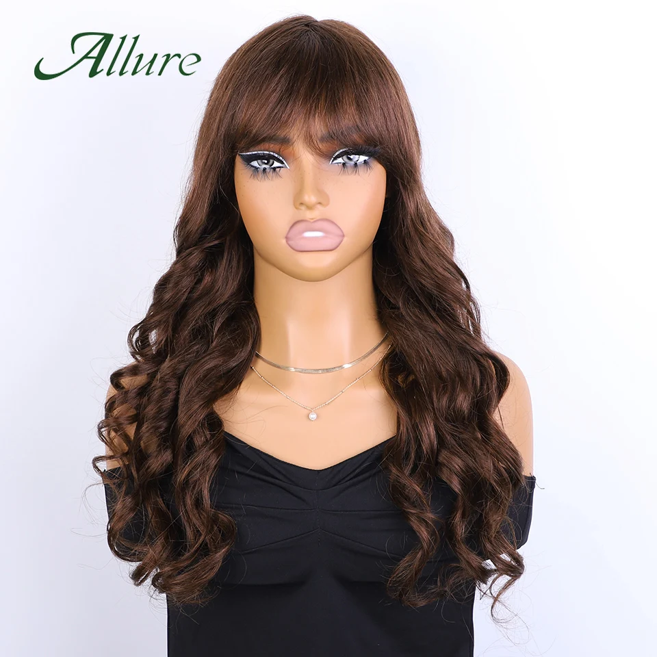 Brazilian Body Wave Human Hair Lace Wigs for Black Women 180% Density Dark Brown Colored Hair Long Wig With Bangs 20 inch Allure