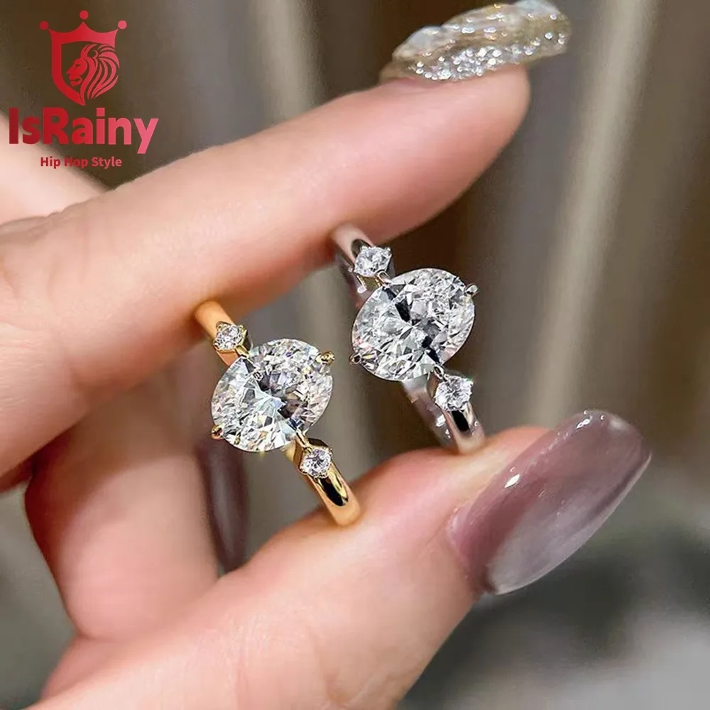 

IsRainy 925 Sterling Silver D Color 7*9MM Oval 3EX Cut Moissanite Diamond Rings For Women Wedding Anniversary Fine Jewelry Gift