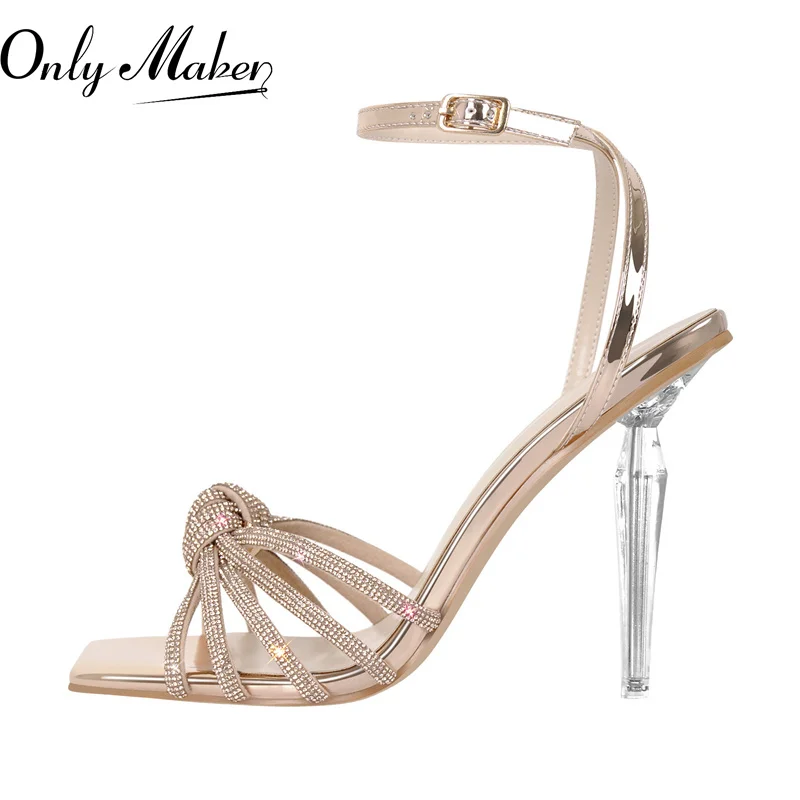 Onlymaker Woman Summer Peep Toe Rhinestone Thin High Heels Strappy Party Dress Band Big Size Women Sandals