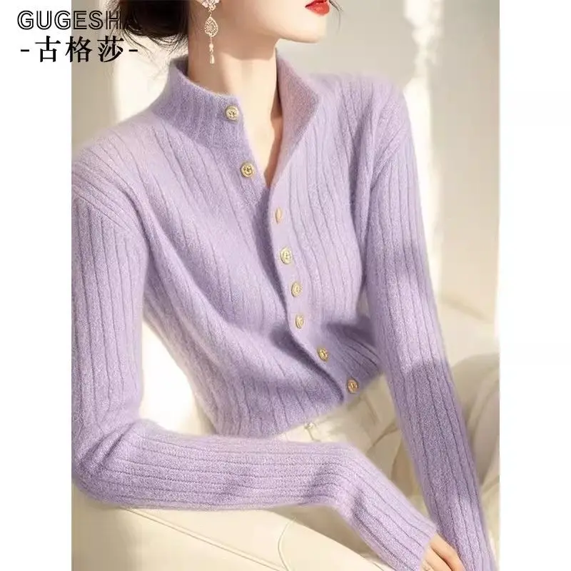 Super Beautiful Purple Half High Neck Knitted Cardigan Women's Small Fragrant Style Advanced Sense Slimming Bottom Shirt, Top