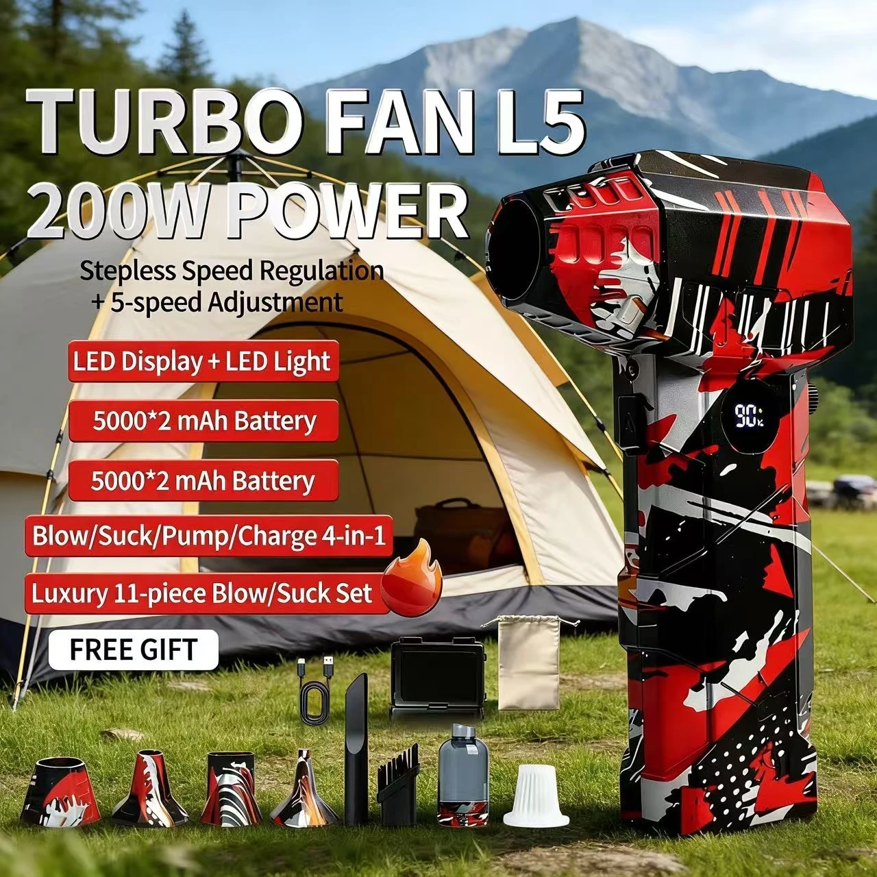 

Мощный воздушный фен L5, 990000 об/мин, скорость ветра 75 м/с, со светодиодным дисплеем, перезаряжаемый, турбинный фен, бесщеточный двигатель,