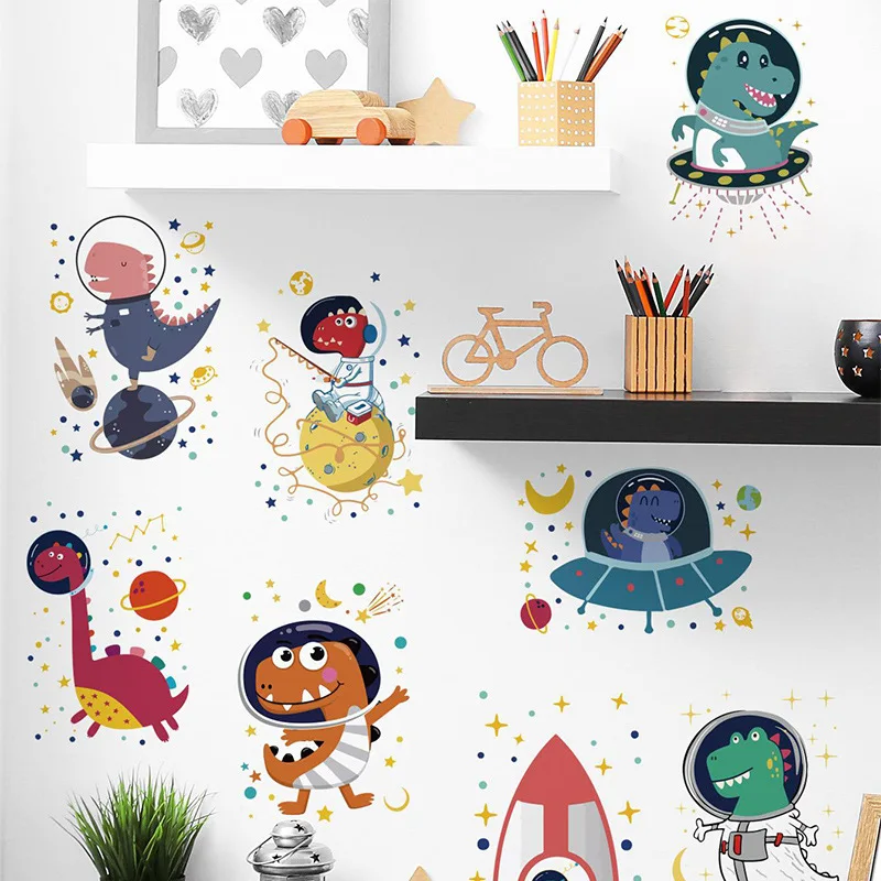 Universe Dinosaur Astronaut Wall Stickers UFO Window Stickers Waterproof Removable Vinyl Wall Art for Classroom Kids Room Decor