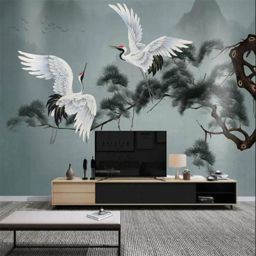 custom Photo Mural Pine Crane Wallpaper for Wall Painting Study wallpapers Living Room Background Home Decor Papel De Parede 3D