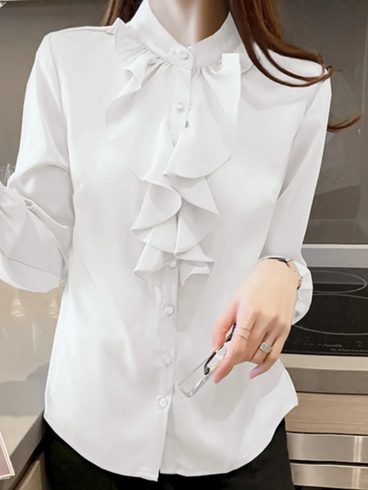 #3122 White Blue Red Office Chiffon Shirts Stand Collar Spliced Ruffles Blouse Femme Elegant Slim Fit Womens Tops And Blouses