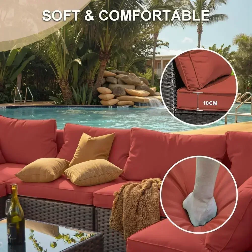 5-Piece Patio Furniture Set with 42 Fire Pit Table, Outdoor Sectional Sofa, Wicker Rattan Conversation Set in Red