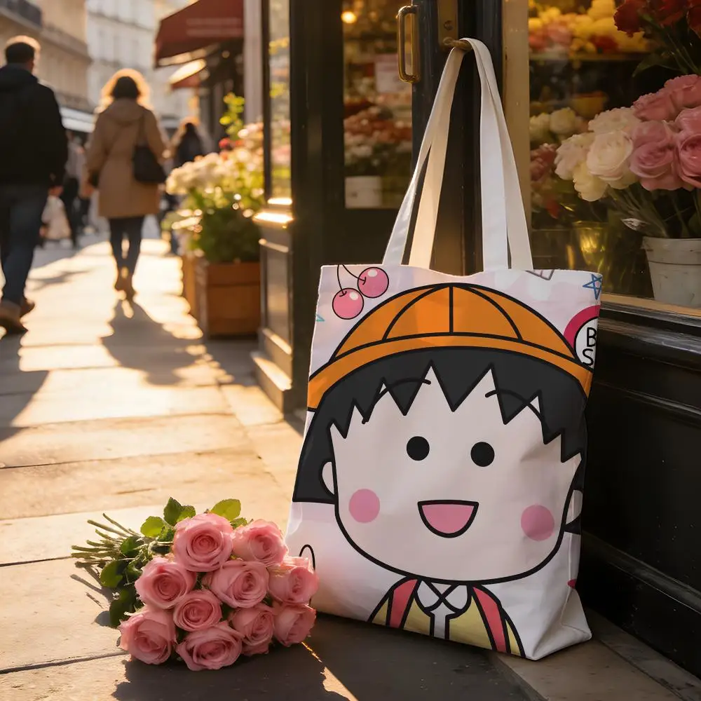 Anime C-Chibi M-Maruko-chan Storage Bags Washable Reversible Shopping Bag with White Handles, for Daily School & Market Use view 4
