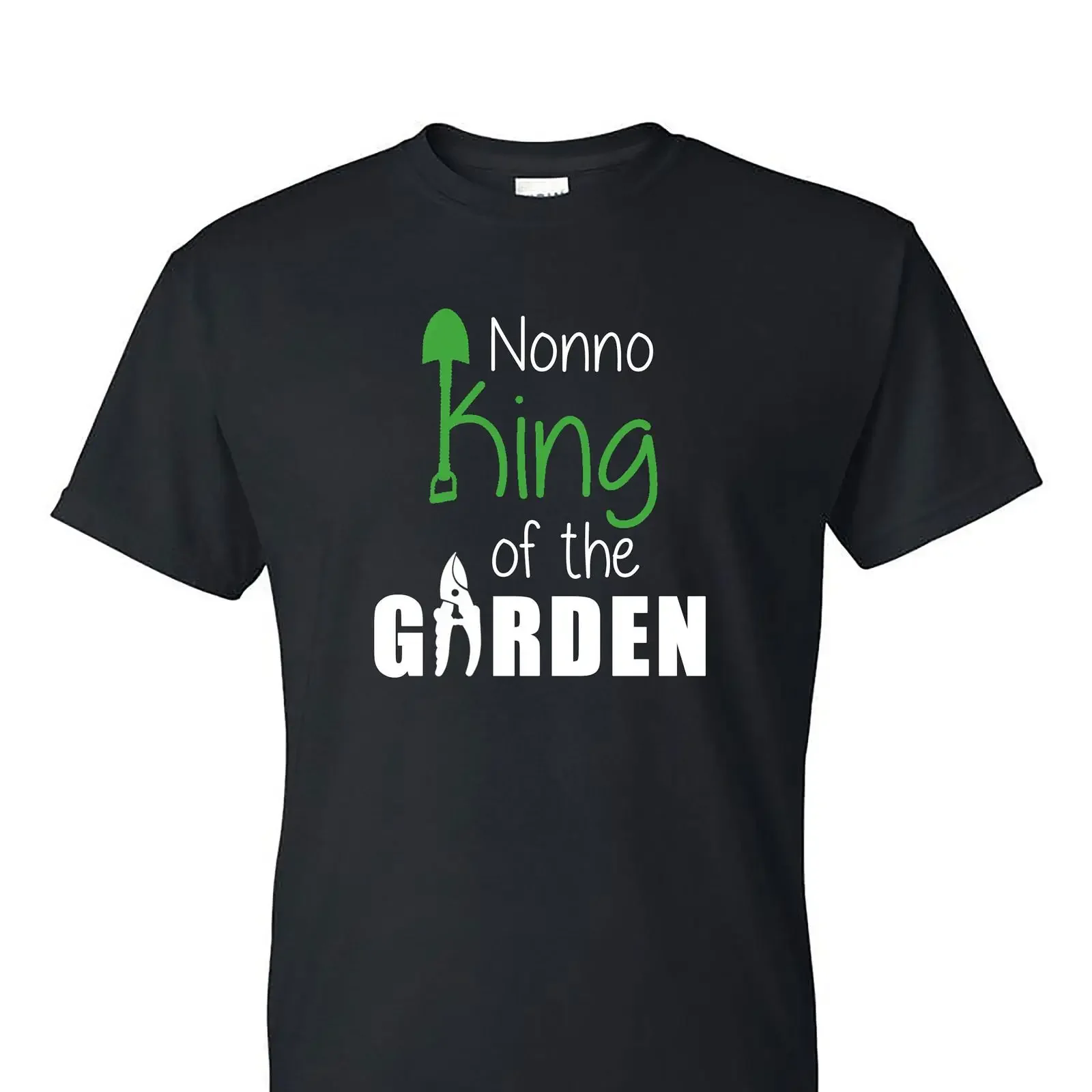 May include Black t shirt with white text that reads Nonno King of the GARDEN a green shovel and leaf graphic vintage Washed