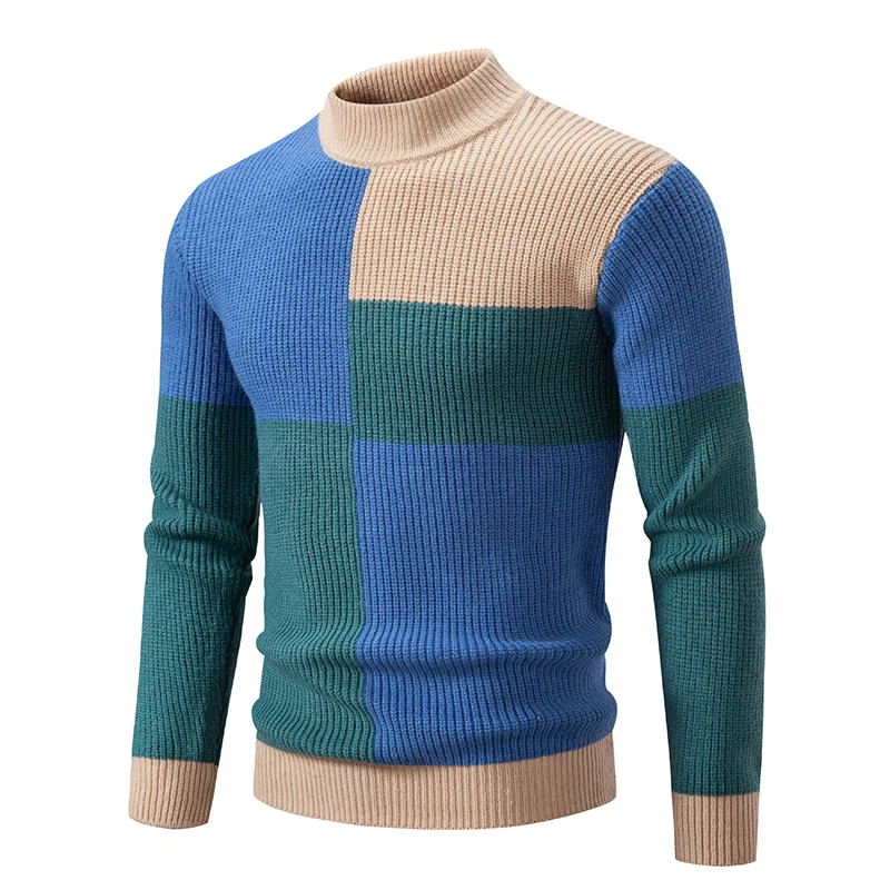 

Men’s Mock Neck Pullovers Youthful Vitality Fashion Patchwork Knitted Sweater Men Slim Casual Pullover Autumn Wintr Knitwear Man