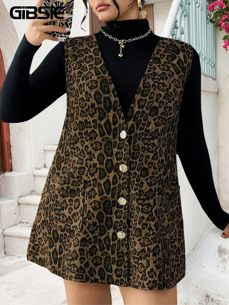 GIBSIE Plus Size Leopard Print Sleeveless Vest Dress Women 2025 Fashion V-Neck Single Breasted Loose Casual Autumn Short Dress
