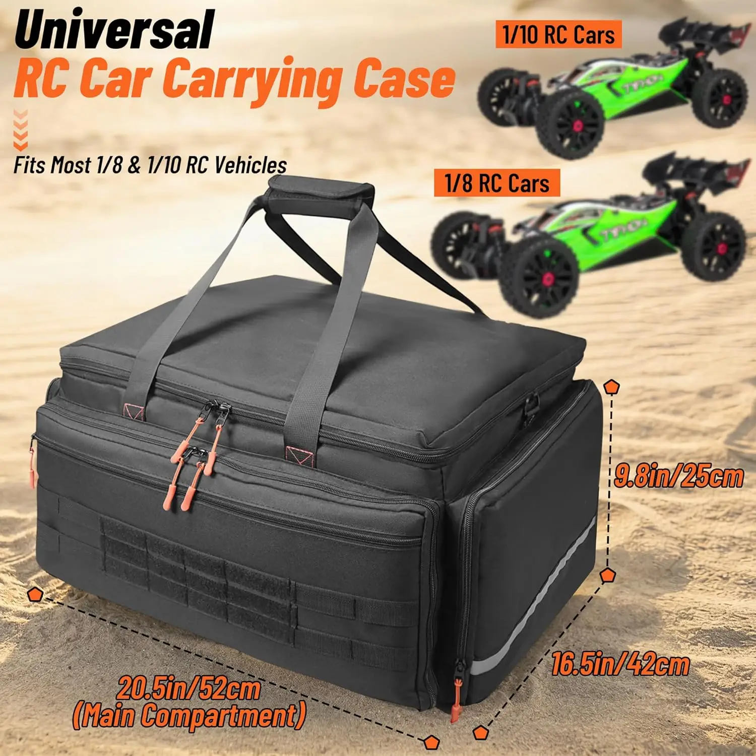 Heavy Duty RC Storage Bag for 1/8 1/10 Scale RC Cars, Trucks & Buggies, Reinforced Base, Multi-Pocket Tool Organizer, Carrying Case for Off-Road Vehicles