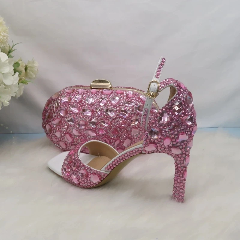 

Women Pink Crystal Sandals Open Toe High heel and bag set Rhinestones Ankle Strap Thin Heels Party Dress Shoe and Handbag 10cm