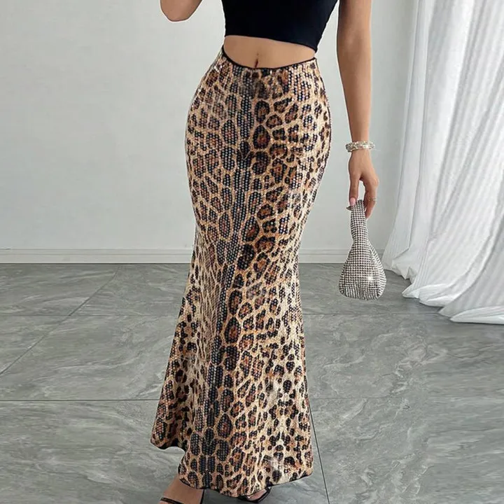 Fashion Leopard Sequins Fishnet Skirt For Women High Waist Slim Long Skirt Ins Hot Streetwear Female Club Party Skirt 2026