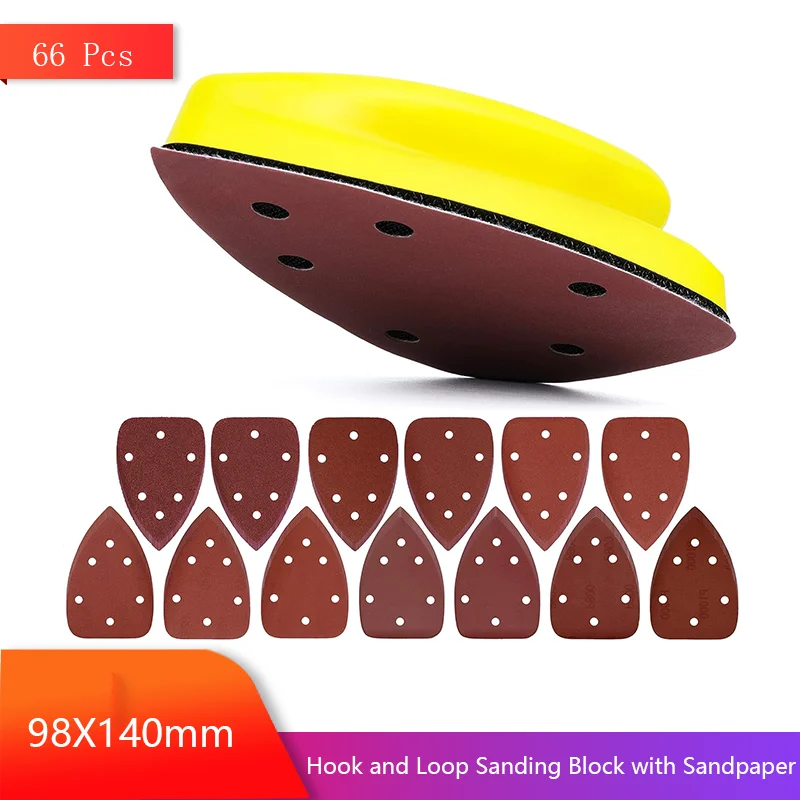 

98X140mm Hook and Loop Sanding Block with 6 Hole Triangle Mouse Sandpaper 66 Pcs for Wood Metal Home Decoration DIY Working