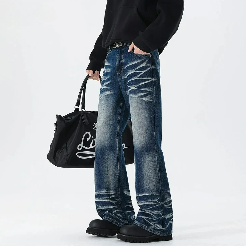 Herren-Jeans mit Farbverlauf, Gewaschene Denim-Hose, Herbstmode, Amerikanischer Gerader Schnitt, Weite Beine, Bodenlange Herrenhose