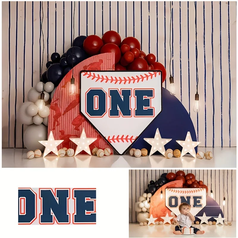 

LS 1st Birthday Party Photography Backdrop Cake Smash Kids Portrait Photo Background Banner Baseball Theme Balloon Decor Props