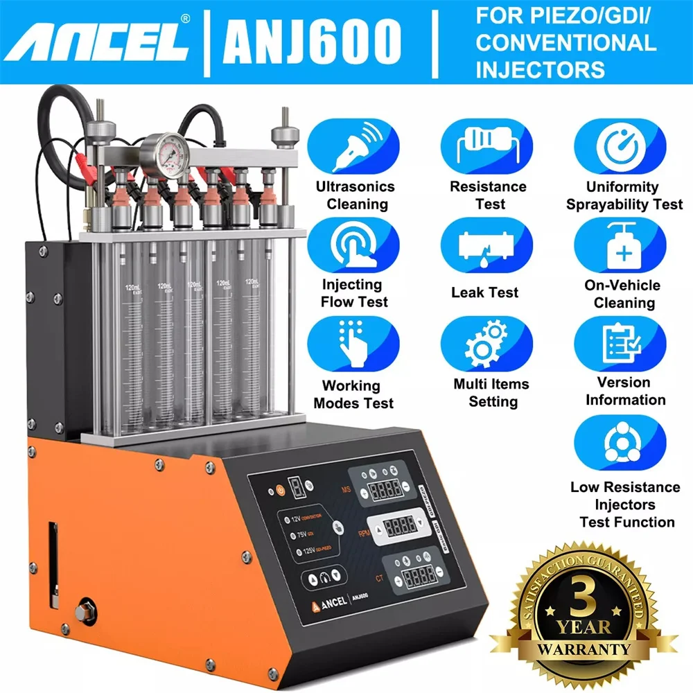 Ancel AJ600 6-Cylinders GDI Piezo Fuel Injector Cleaner EFI MPI SFI Ultrasonic Resistance Test Ultrasonic Cleaning Auto Tool