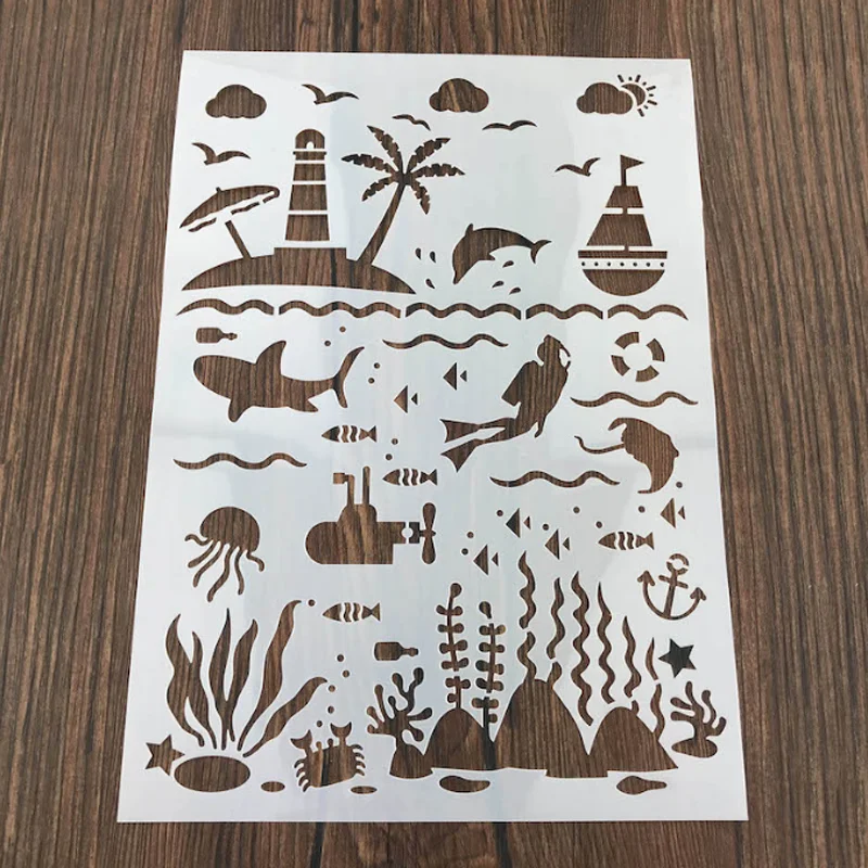 

21*29.7cm Ocean World Stencils DIY Layering Wall Stone Color Painting Scrapbook Coloring Embossing Decorative Template Reusable