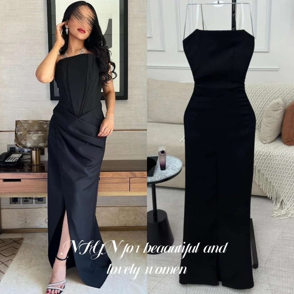 NFYN Black Mermaid Long Stain Prom Dresses Strapless Party Dress Sleeveless Pleats Evening Dress with Split Fishbone Customized