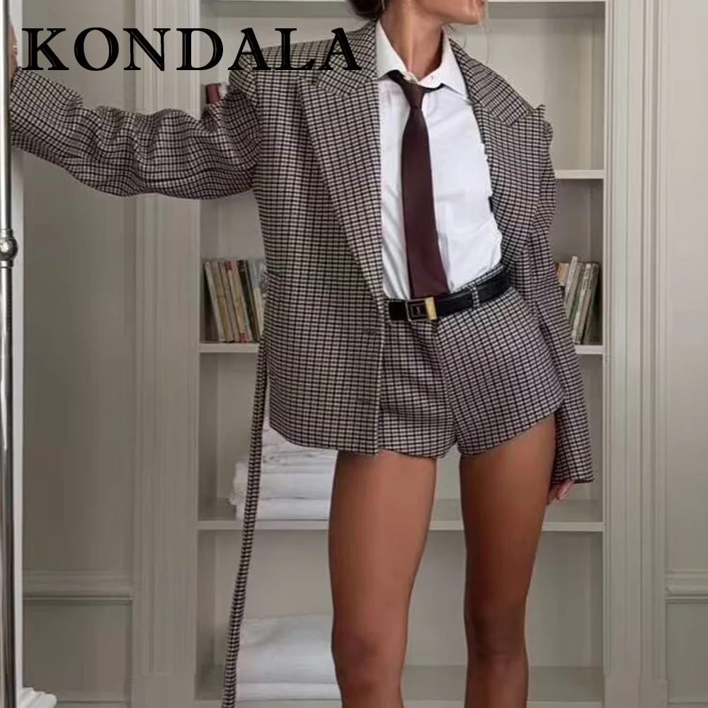 

KONDALA Vintage Fall Fashion 2025 Plaid Women Suit Belt Blazer+High Waist Mini Shorts Gingham Office Lady Chic Modern Female Set