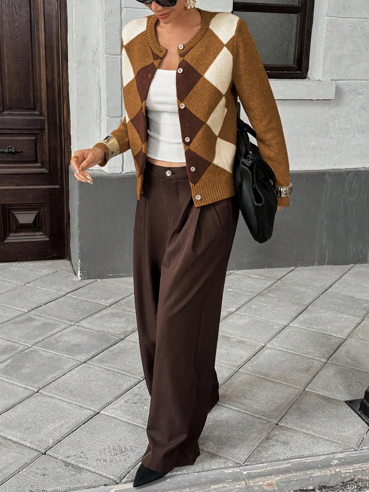 

Вязаный кардиган с ромбовидной сеткой, женский однобортный облегающий кардиган с длинными рукавами и круглым вырезом в стиле ретро, новое повседневное пальто