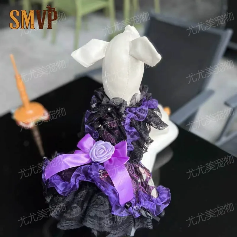 Halloween Pet Dark Lolita Dress Black Purple Lace Ruffle Dress 3D Purple Rose Big Bow Decor Gothic Cosplay for Pets Party Outfit
