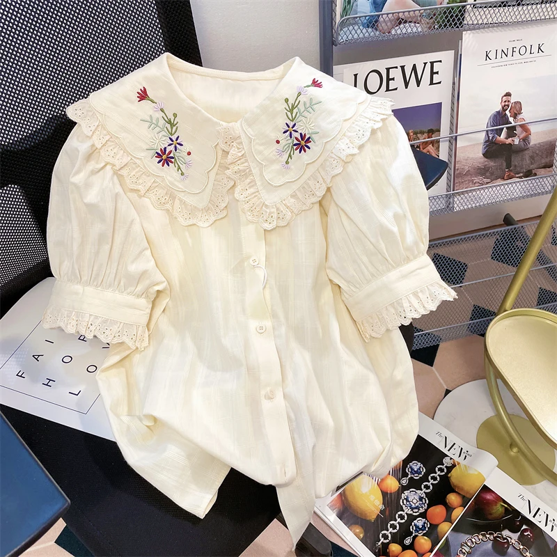 

Korean Sweet Vintage Embroidery Peter Pan Collar Short Sleeved Shirt Women Summer Loose Puff Sleeve Lolita Blouse Camisas Mujer